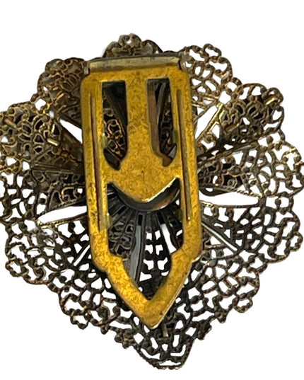 Antique Ornate brass filagree metal blue matrix glass faux torquois FUR CLIP