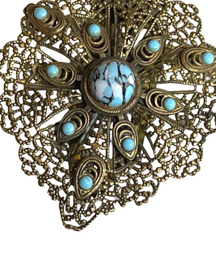 Antique Ornate brass filagree metal blue matrix glass faux torquois FUR CLIP