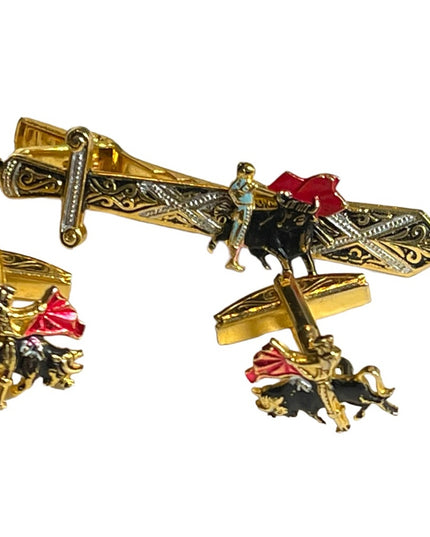 Vintage 1950s Gold plate  Spain DAMASCENE cufflinks & clip Bull fighter SET