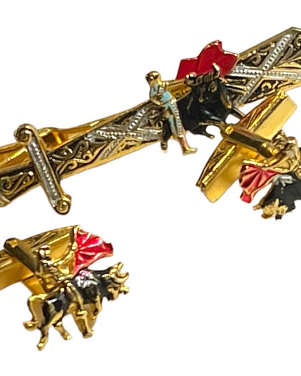 Vintage 1950s Gold plate  Spain DAMASCENE cufflinks & clip Bull fighter SET