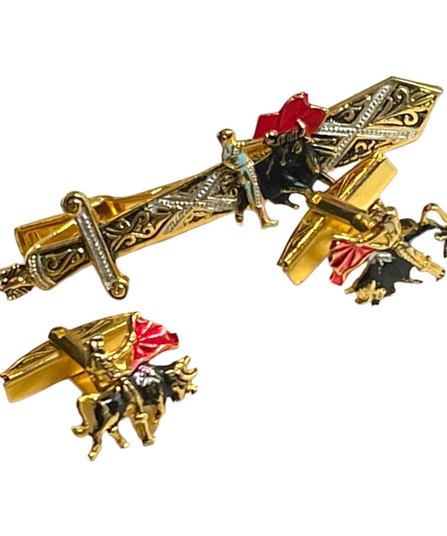 Vintage 1950s Gold plate  Spain DAMASCENE cufflinks & clip Bull fighter SET