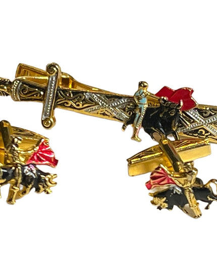 Vintage 1950s Gold plate  Spain DAMASCENE cufflinks & clip Bull fighter SET