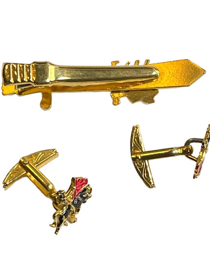 Vintage 1950s Gold plate  Spain DAMASCENE cufflinks & clip Bull fighter SET