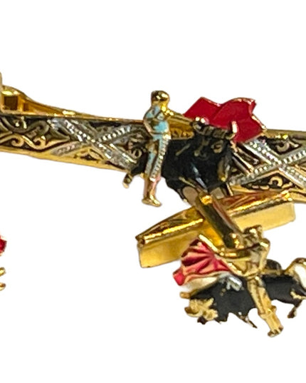 Vintage 1950s Gold plate  Spain DAMASCENE cufflinks & clip Bull fighter SET
