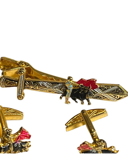 Vintage 1950s Gold plate  Spain DAMASCENE cufflinks & clip Bull fighter SET