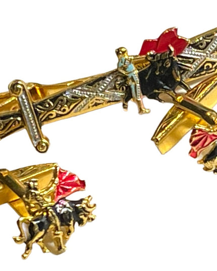 Vintage 1950s Gold plate  Spain DAMASCENE cufflinks & clip Bull fighter SET