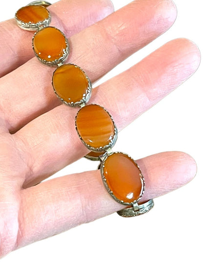 Antique Victorian Sterling silver Cabachon Link agate stone Bracelet 925