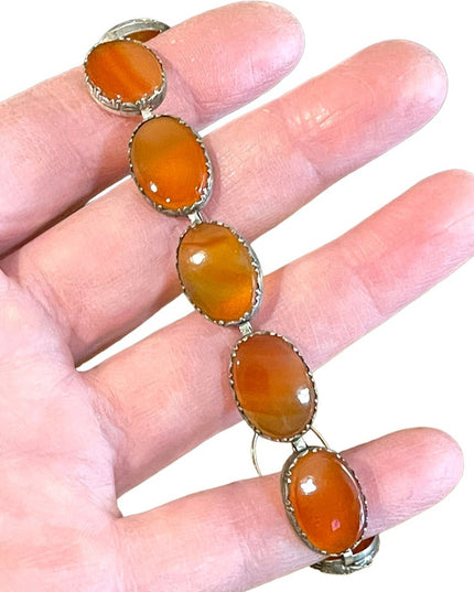 Antique Victorian Sterling silver Cabachon Link agate stone Bracelet 925