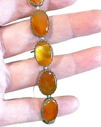 Antique Victorian Sterling silver Cabachon Link agate stone Bracelet 925