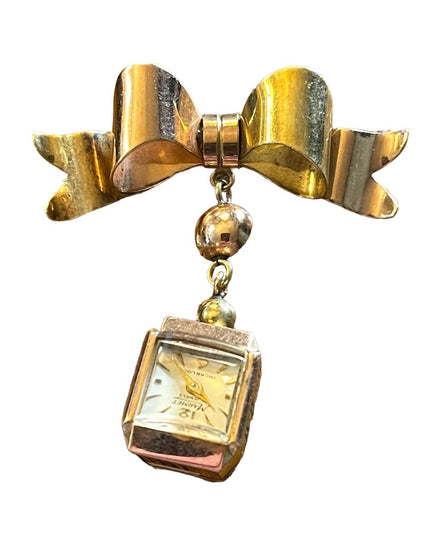 Vintage 1940s 14k Solid Rose gold Nurses Watch BOW brooch Marmet Incabloc