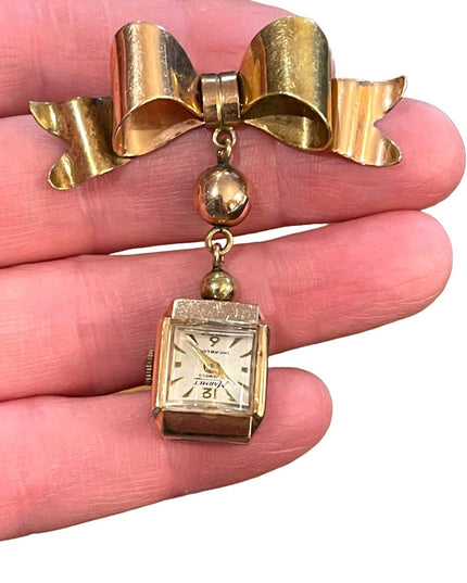 Vintage 1940s 14k Solid Rose gold Nurses Watch BOW brooch Marmet Incabloc