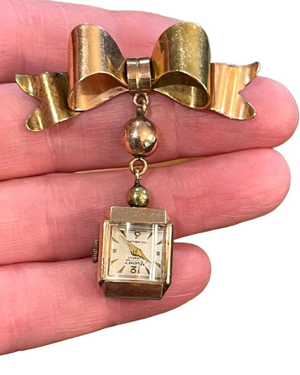Vintage 1940s 14k Solid Rose gold Nurses Watch BOW brooch Marmet Incabloc