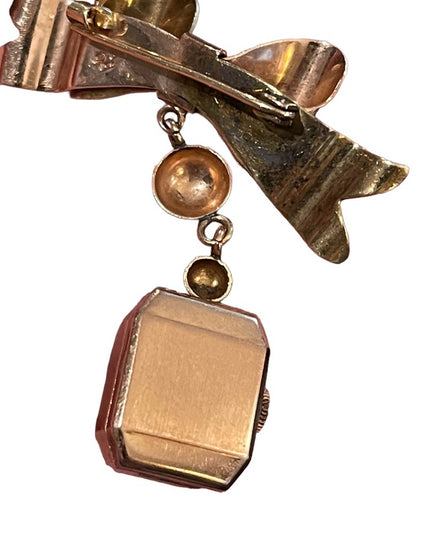 Vintage 1940s 14k Solid Rose gold Nurses Watch BOW brooch Marmet Incabloc