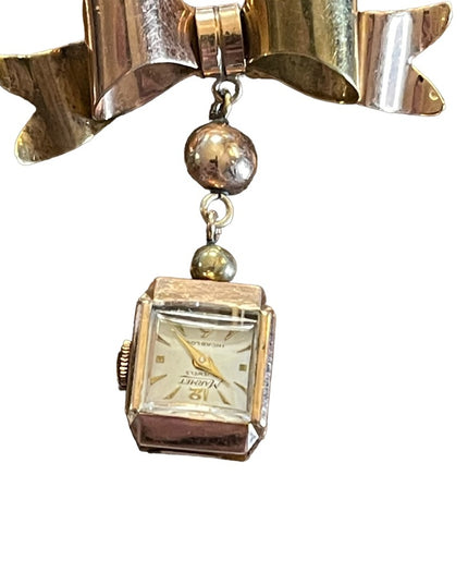Vintage 1940s 14k Solid Rose gold Nurses Watch BOW brooch Marmet Incabloc