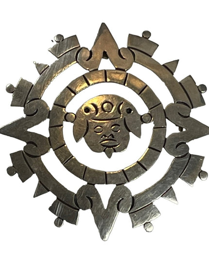 Vintage Sterling 925 Signed  Warrior Aztec Calendar Pendant Brooch Tizoc Sun God