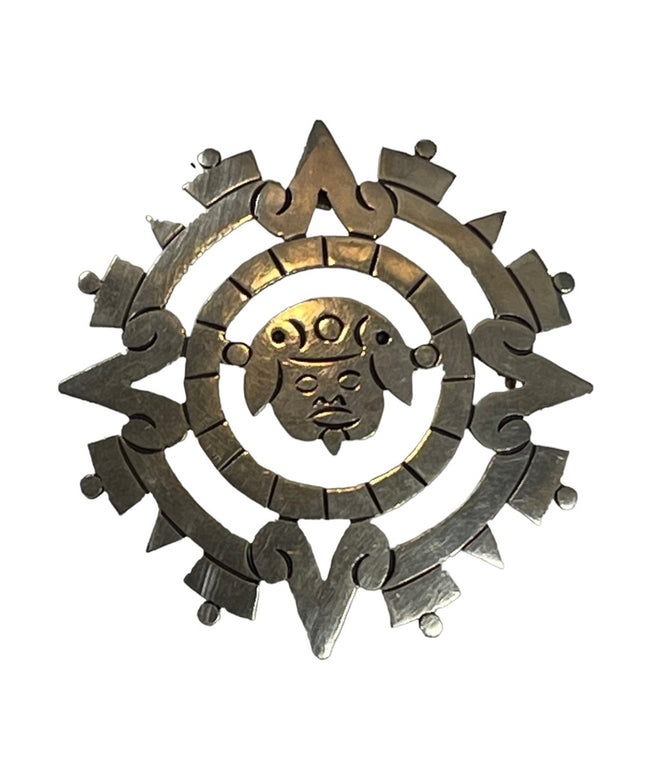 Vintage Sterling 925 Signed  Warrior Aztec Calendar Pendant Brooch Tizoc Sun God