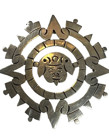 Vintage Sterling 925 Signed  Warrior Aztec Calendar Pendant Brooch Tizoc Sun God