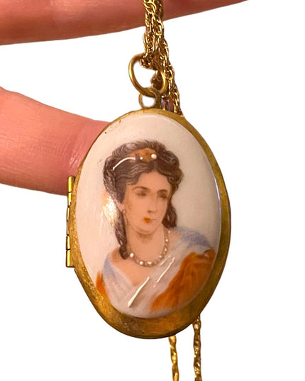 Vintage Ceramic Transferware Hand Finished Cameo Gold finish locket necklace