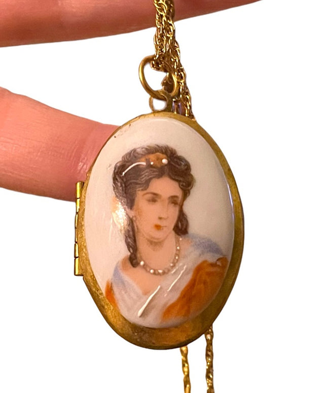 Vintage Ceramic Transferware Hand Finished Cameo Gold finish locket necklace