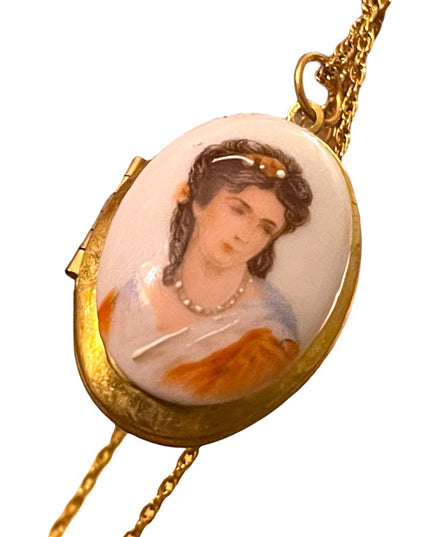 Vintage Ceramic Transferware Hand Finished Cameo Gold finish locket necklace
