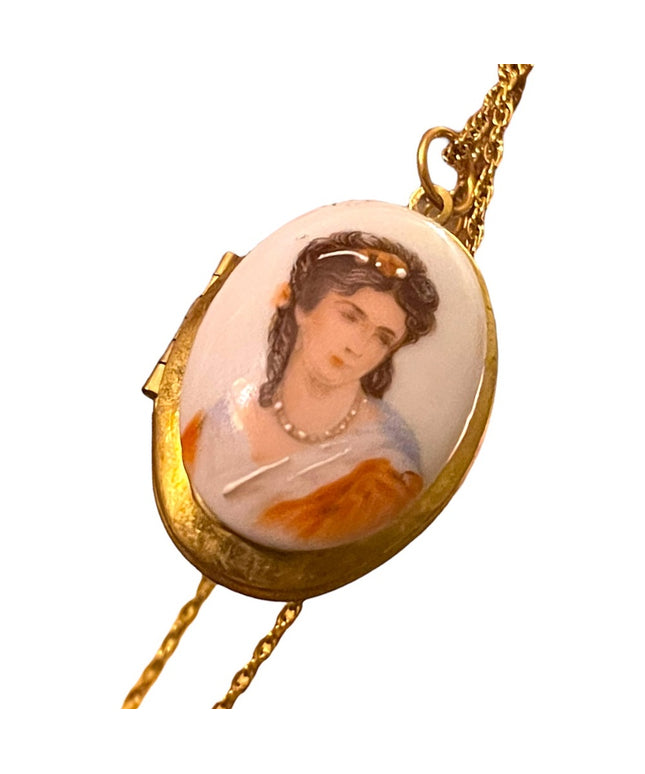 Vintage Ceramic Transferware Hand Finished Cameo Gold finish locket necklace