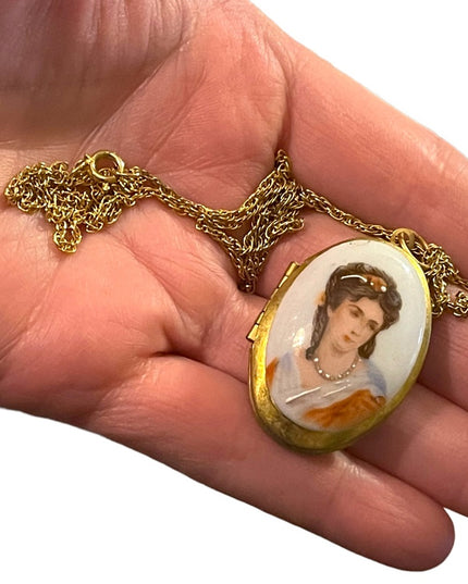 Vintage Ceramic Transferware Hand Finished Cameo Gold finish locket necklace