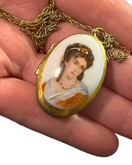 Vintage Ceramic Transferware Hand Finished Cameo Gold finish locket necklace