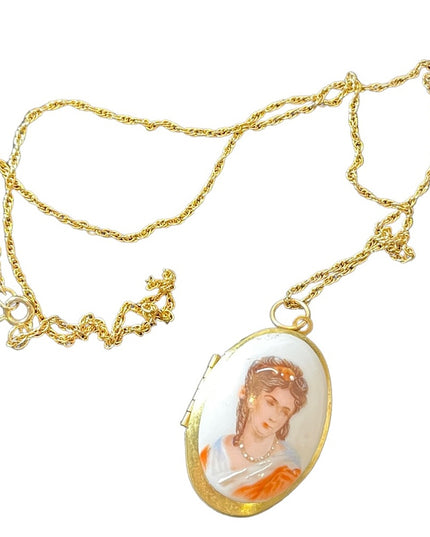 Vintage Ceramic Transferware Hand Finished Cameo Gold finish locket necklace