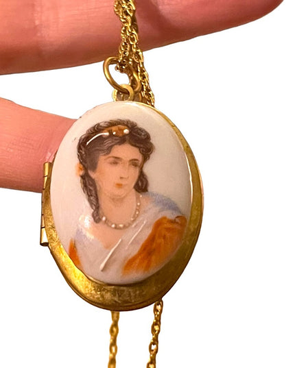 Vintage Ceramic Transferware Hand Finished Cameo Gold finish locket necklace