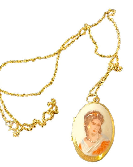 Vintage Ceramic Transferware Hand Finished Cameo Gold finish locket necklace