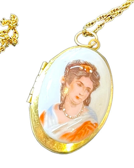 Vintage Ceramic Transferware Hand Finished Cameo Gold finish locket necklace