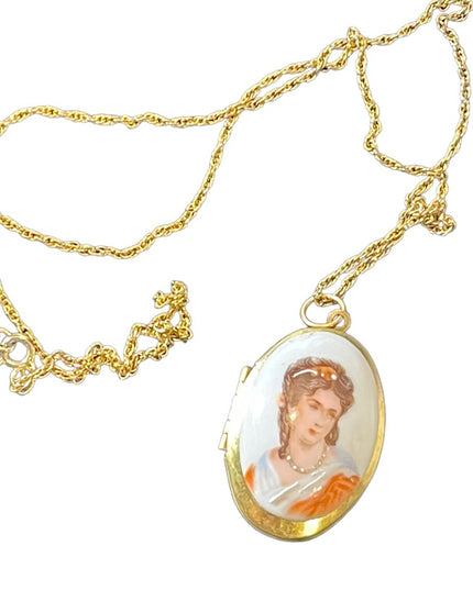 Vintage Ceramic Transferware Hand Finished Cameo Gold finish locket necklace