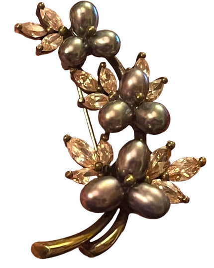 Antique Art Deco 888 Sterling Silver gold pl Pearl Rhinestone Fancy leaf brooch