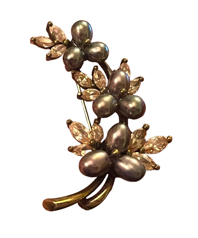 Antique Art Deco 888 Sterling Silver gold pl Pearl Rhinestone Fancy leaf brooch
