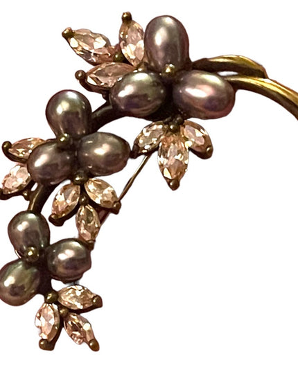 Antique Art Deco 888 Sterling Silver gold pl Pearl Rhinestone Fancy leaf brooch
