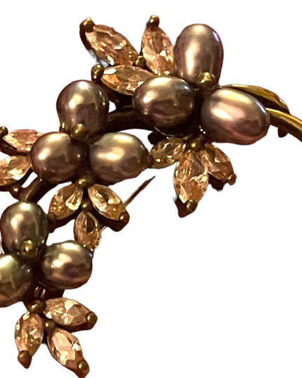 Antique Art Deco 888 Sterling Silver gold pl Pearl Rhinestone Fancy leaf brooch