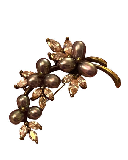 Antique Art Deco 888 Sterling Silver gold pl Pearl Rhinestone Fancy leaf brooch