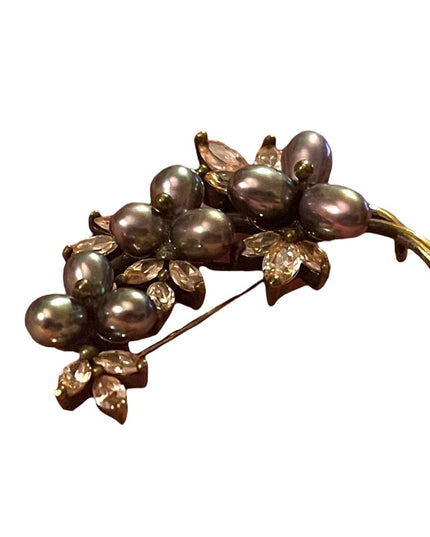 Antique Art Deco 888 Sterling Silver gold pl Pearl Rhinestone Fancy leaf brooch
