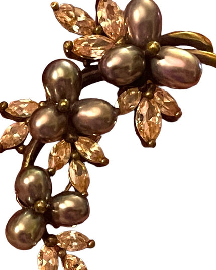 Antique Art Deco 888 Sterling Silver gold pl Pearl Rhinestone Fancy leaf brooch