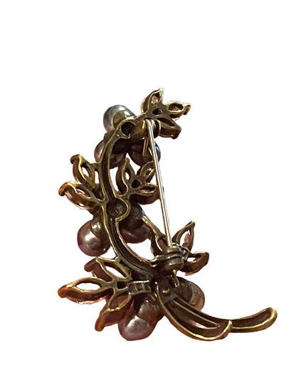 Antique Art Deco 888 Sterling Silver gold pl Pearl Rhinestone Fancy leaf brooch