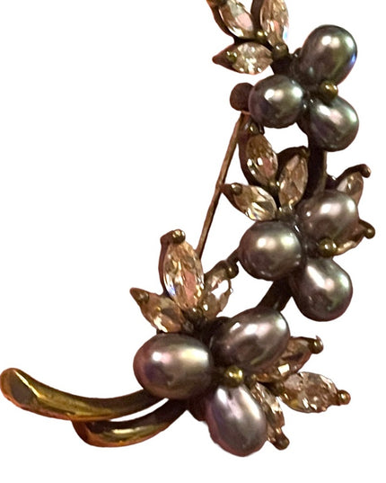 Antique Art Deco 888 Sterling Silver gold pl Pearl Rhinestone Fancy leaf brooch
