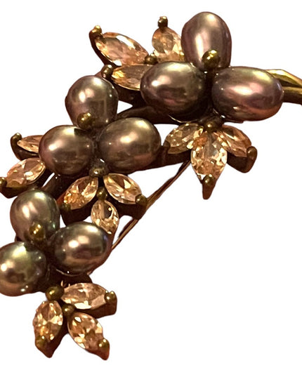 Antique Art Deco 888 Sterling Silver gold pl Pearl Rhinestone Fancy leaf brooch