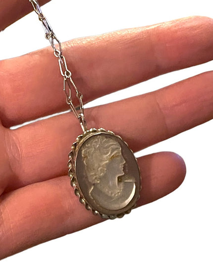 Vintage Sterling Abalone Shell cameo Brooch pendant necklace with SS chain