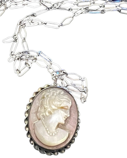 Vintage Sterling Abalone Shell cameo Brooch pendant necklace with SS chain