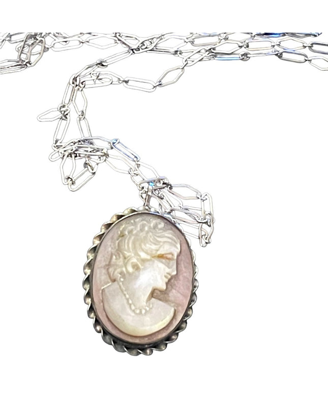 Vintage Sterling Abalone Shell cameo Brooch pendant necklace with SS chain