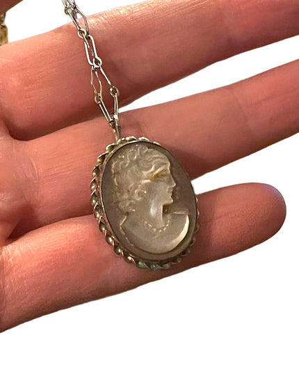 Vintage Sterling Abalone Shell cameo Brooch pendant necklace with SS chain