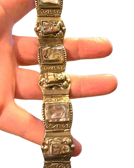 Vintage Aztec Mayan Warrior Silver Alpaca Mexico Abalone Bracelet