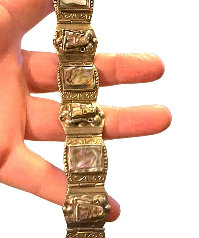 Vintage Aztec Mayan Warrior Silver Alpaca Mexico Abalone Bracelet
