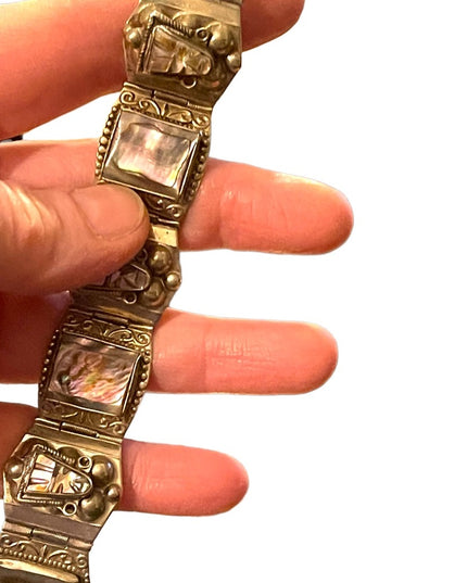 Vintage Aztec Mayan Warrior Silver Alpaca Mexico Abalone Bracelet
