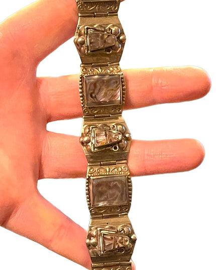 Vintage Aztec Mayan Warrior Silver Alpaca Mexico Abalone Bracelet